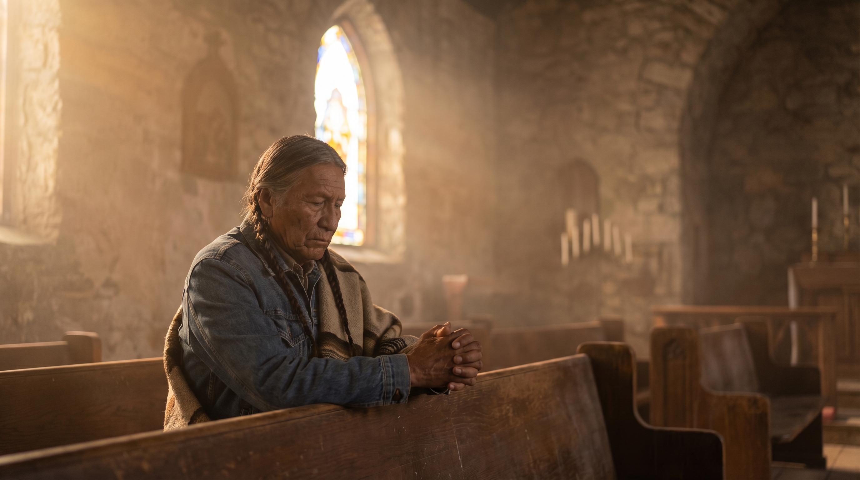 Native American man in quiet prayer inside a sunlit chapel