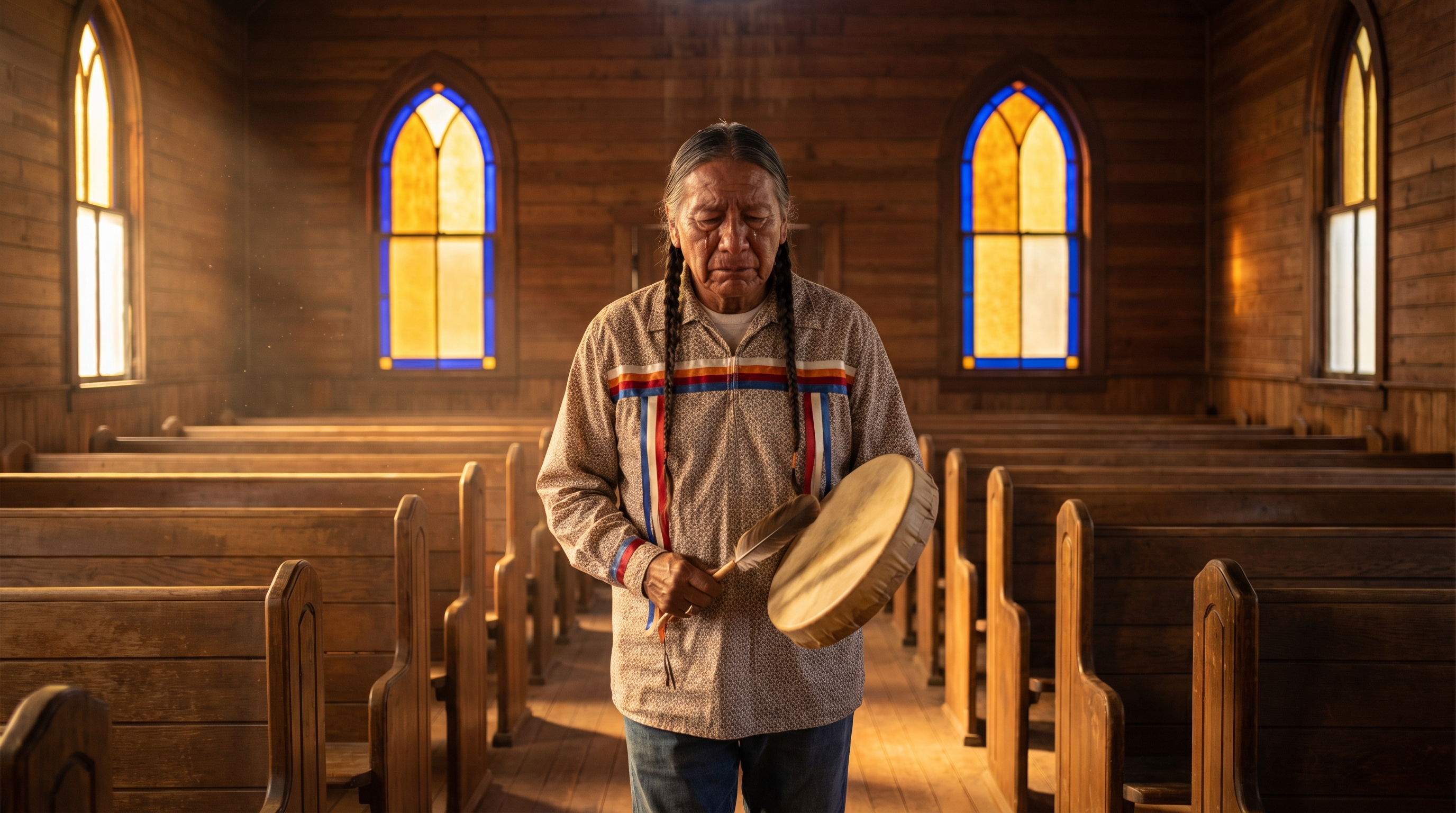 Native American man with hand drum walking reverently into a sunlit church
