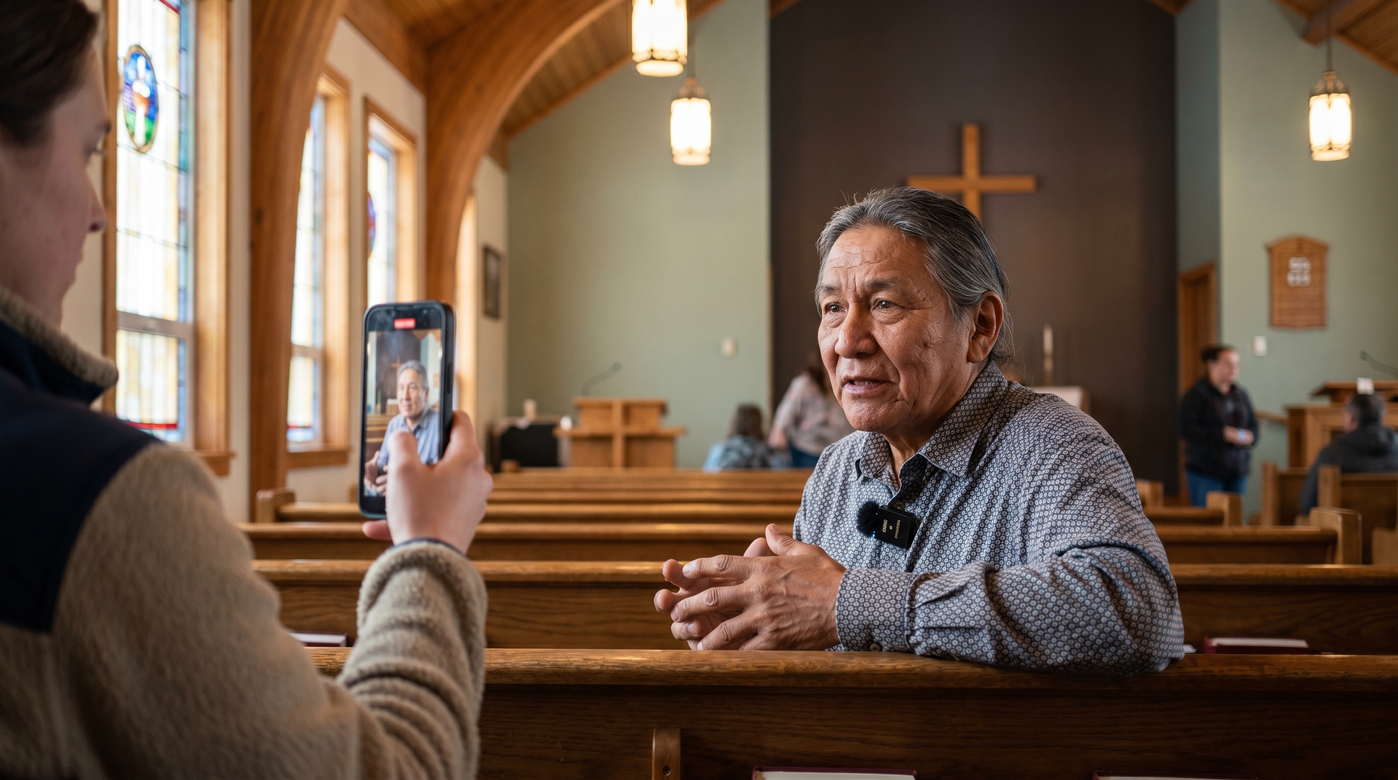A staff member records a video interview with a Native elder using an iPhone, after a healing group session in a small church sanctuary